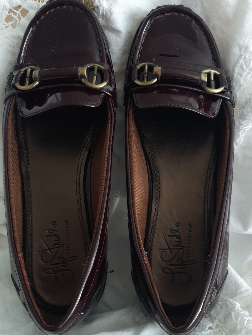 Life Stride Patent Leather Loafers in Deep Burgundy with Gold Hardware